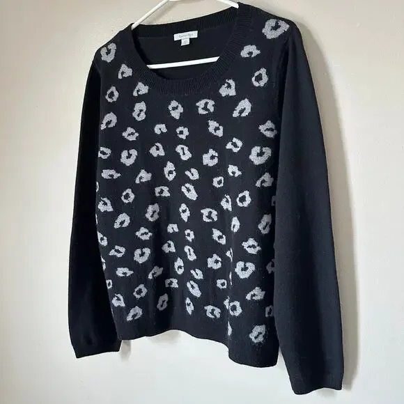Garnet Hill Sweater Womens Extra Large Black Gray Leopard Print Wool Crewneck - Picture 4 of 8
